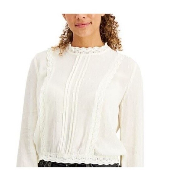 New Self Esteem Junior's Pleated Lace Trim Blouse White XS, L - Picture 2 of 6